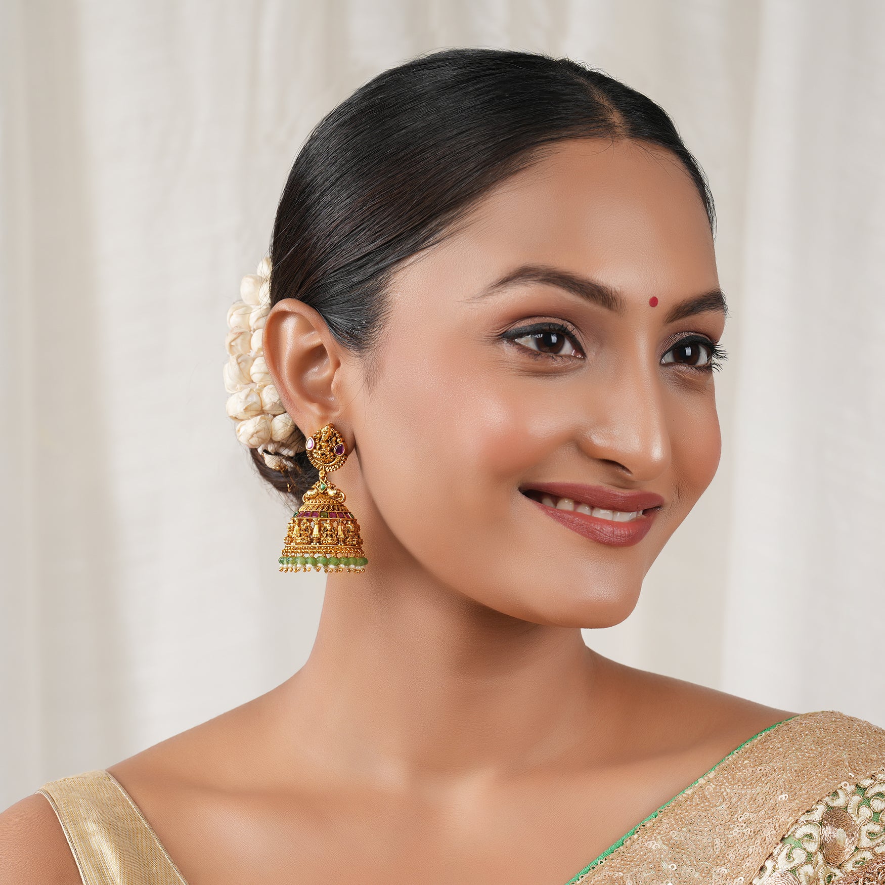 Stone drop antique gold traditional maa lakshmi jhumka earring I Temple jewellery