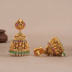 Stone drop antique gold traditional maa lakshmi jhumka earring I Temple jewellery