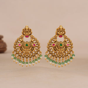 Elegant stone drop antique gold maa lakshmi earring I Temple Jewellery