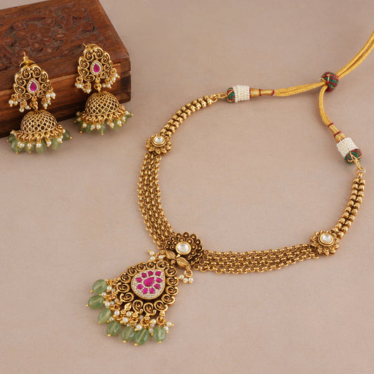 Stunning antique gold traditional stone necklace set with jhumka earring