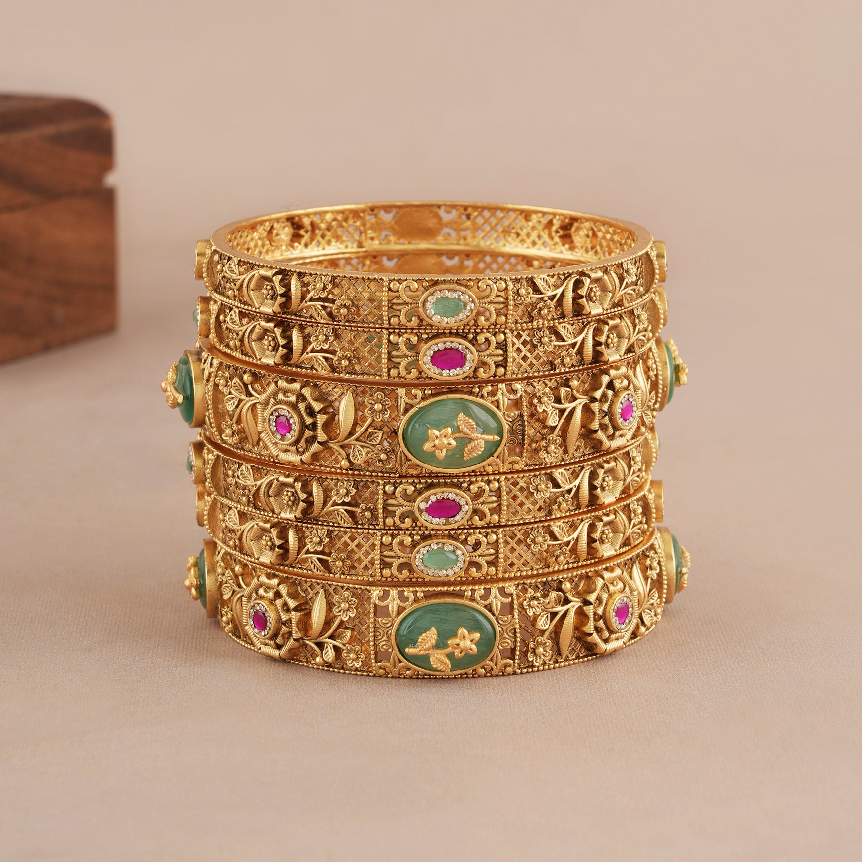Gorgeous antique gold stone bangle set (set of 6)
