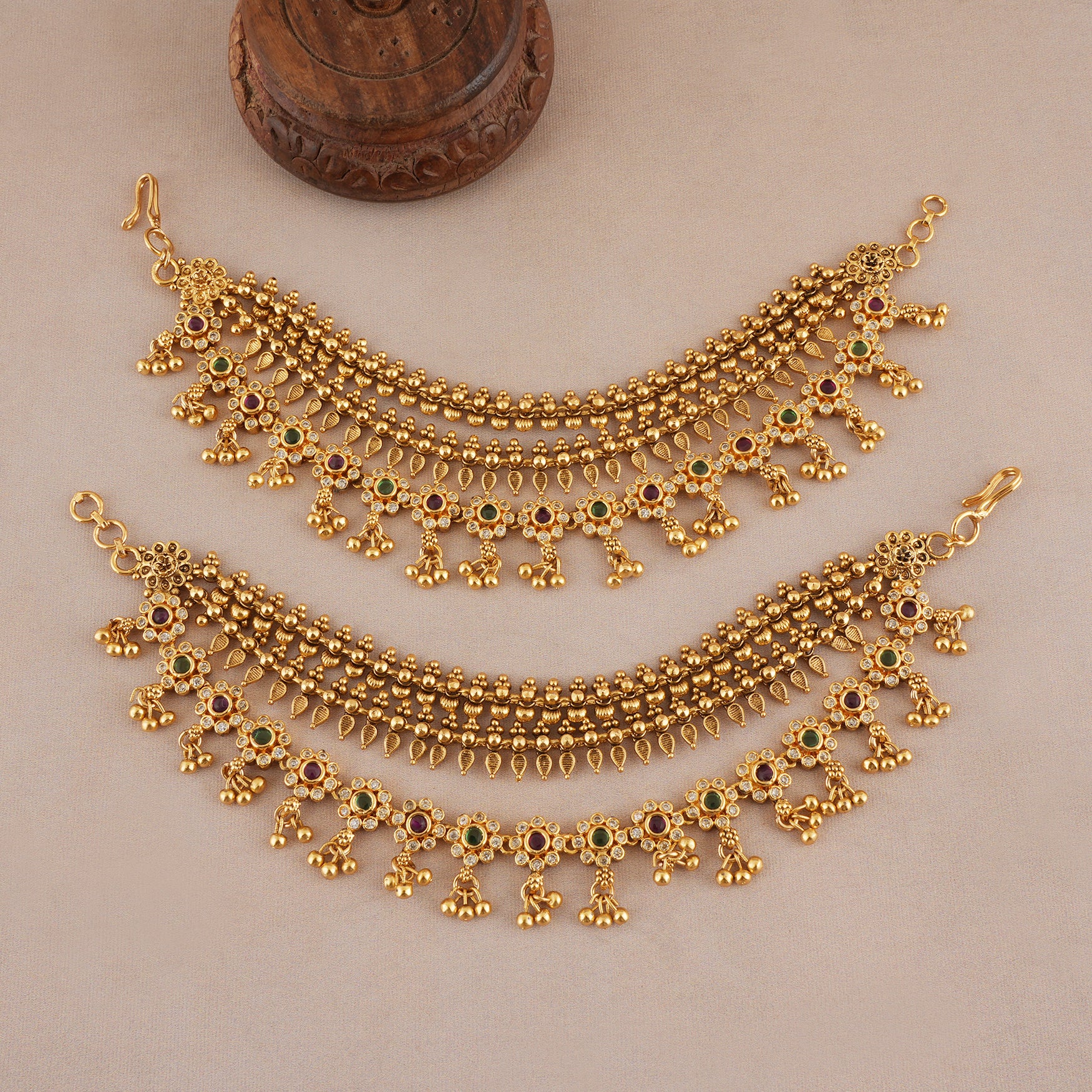 Stunning 3 line multicolor stone antique gold ear chain