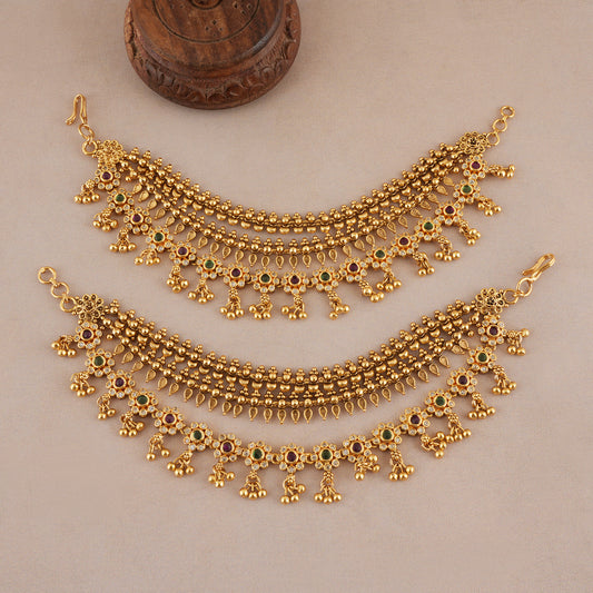 Stunning 3 line multicolor stone antique gold ear chain