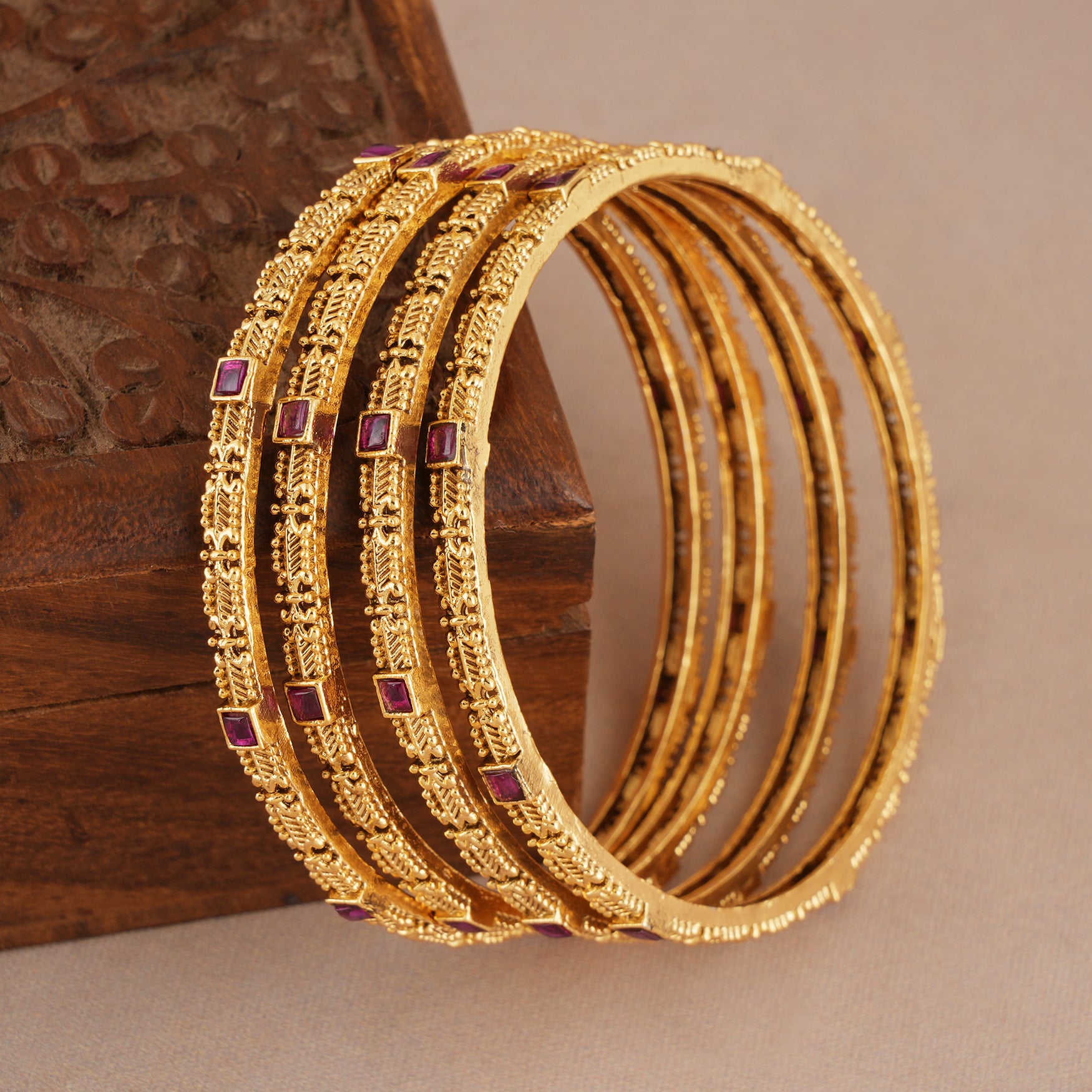 Elegant antique gold ruby stone bangle set ( set of 4)