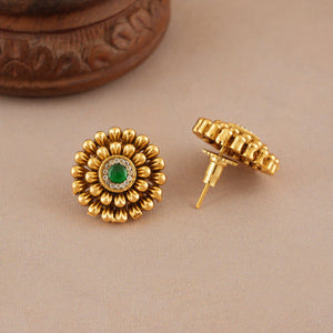Cute elegant floral antique gold green stone stud earring