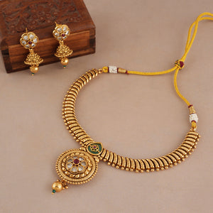 Stunning kundan stone rajwadi antique gold necklace set