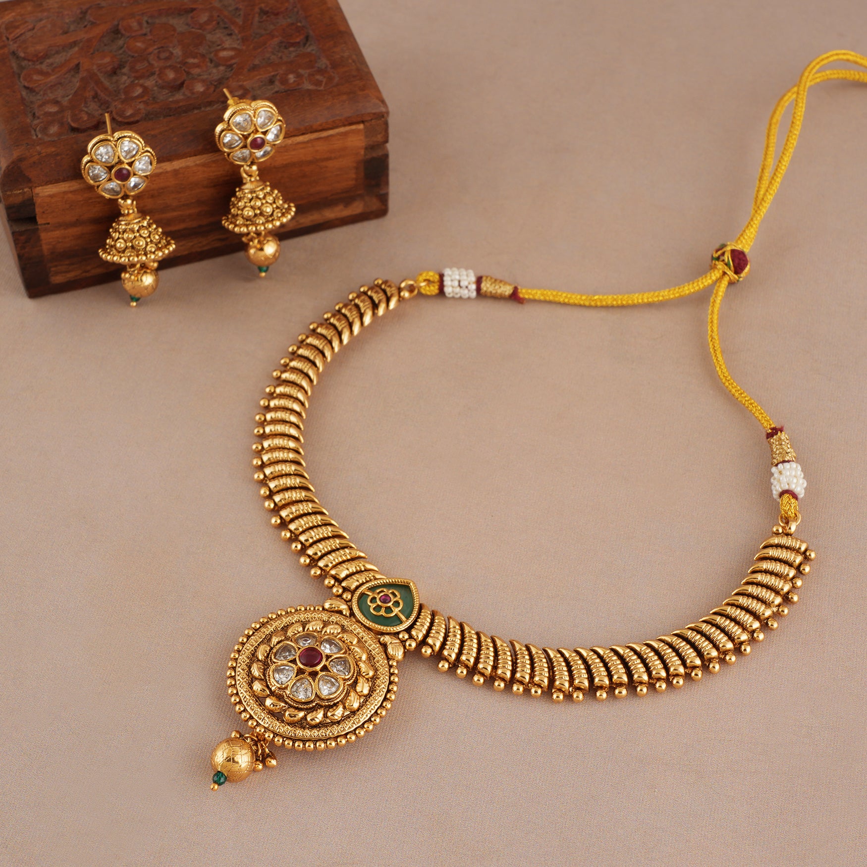 Stunning kundan stone rajwadi antique gold necklace set