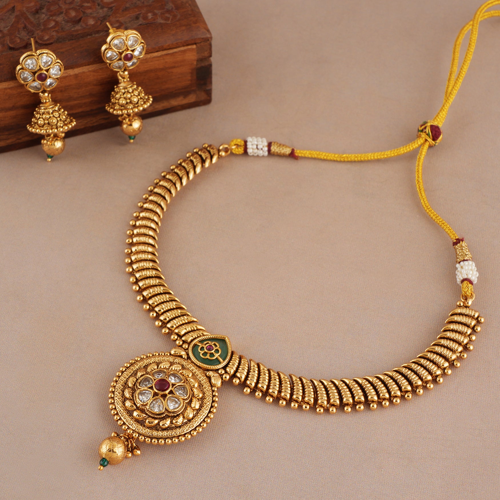 Stunning kundan stone rajwadi antique gold necklace set