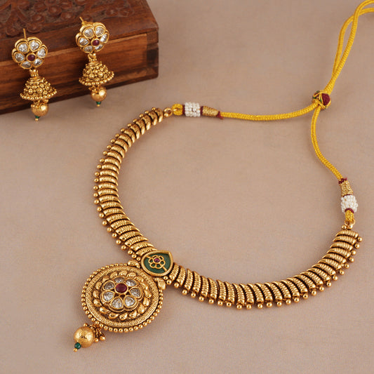 Stunning kundan stone rajwadi antique gold necklace set