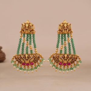 Long beautiful antique gold maa laskhmi emerald stone earring I Temple Jewellery