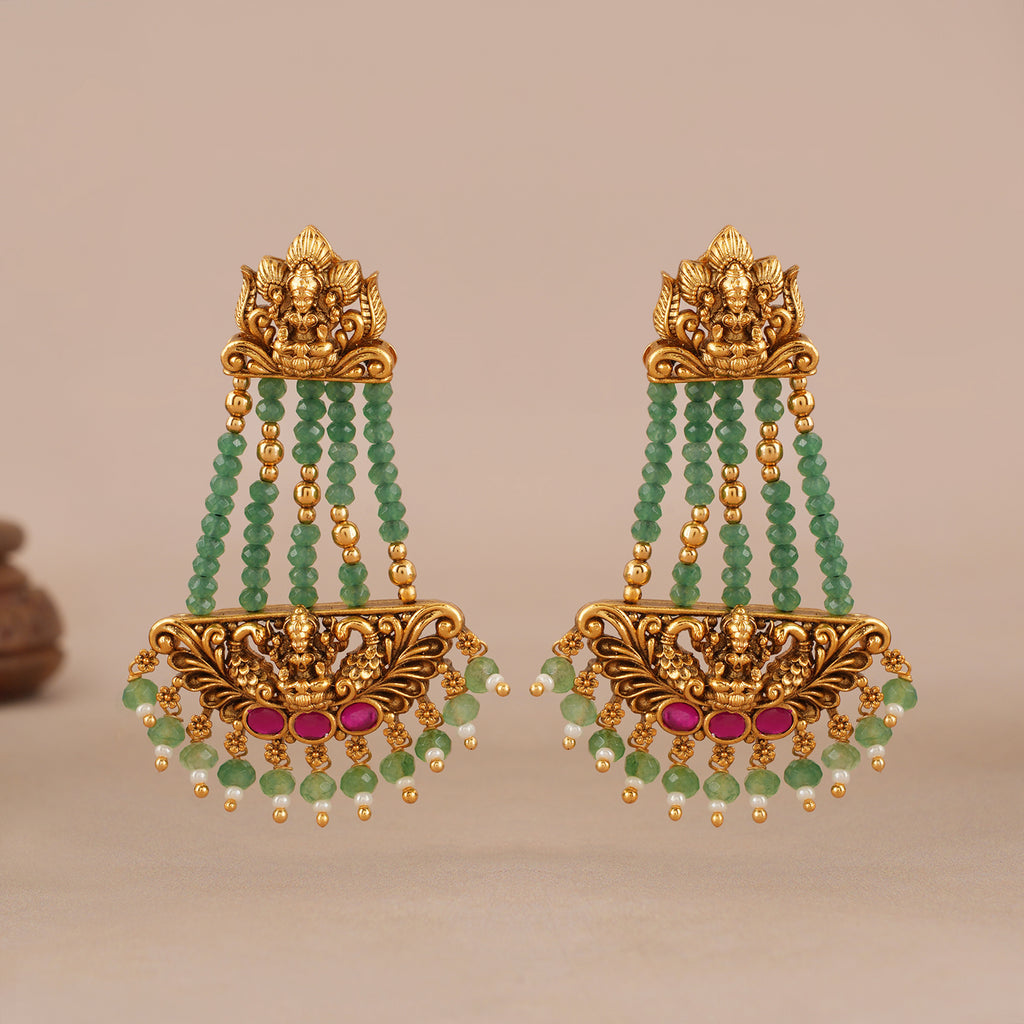 Long beautiful antique gold maa lakshmi emerald stone earring I Temple Jewellery
