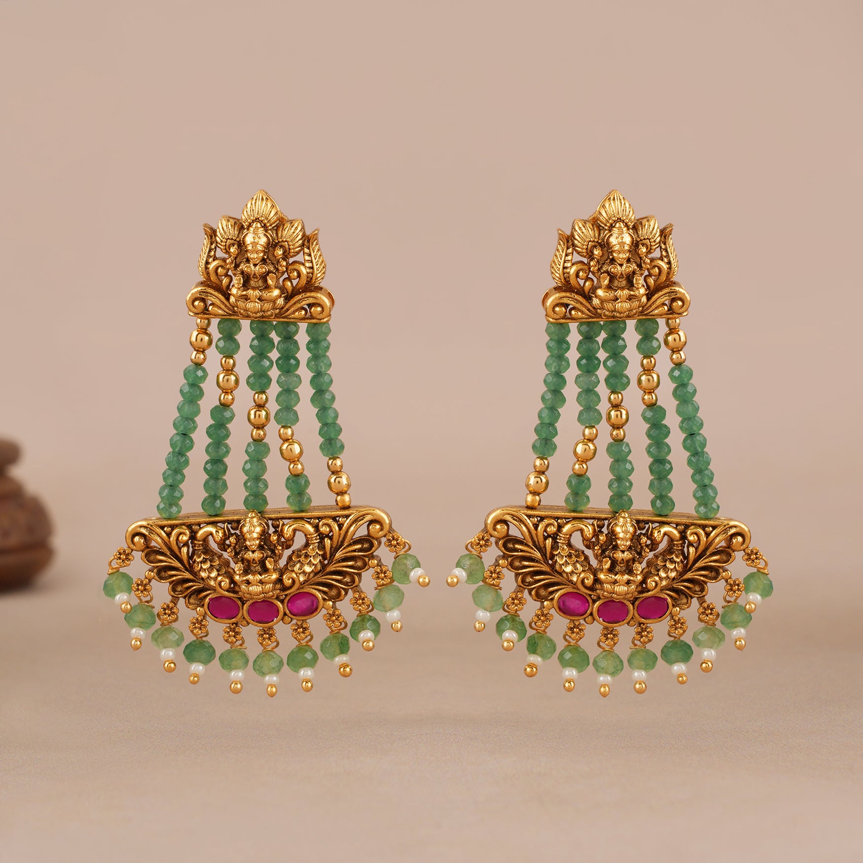 Long beautiful antique gold maa laskhmi emerald stone earring I Temple Jewellery