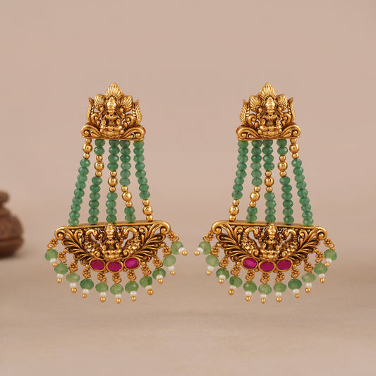Long beautiful antique gold maa laskhmi emerald stone earring I Temple Jewellery