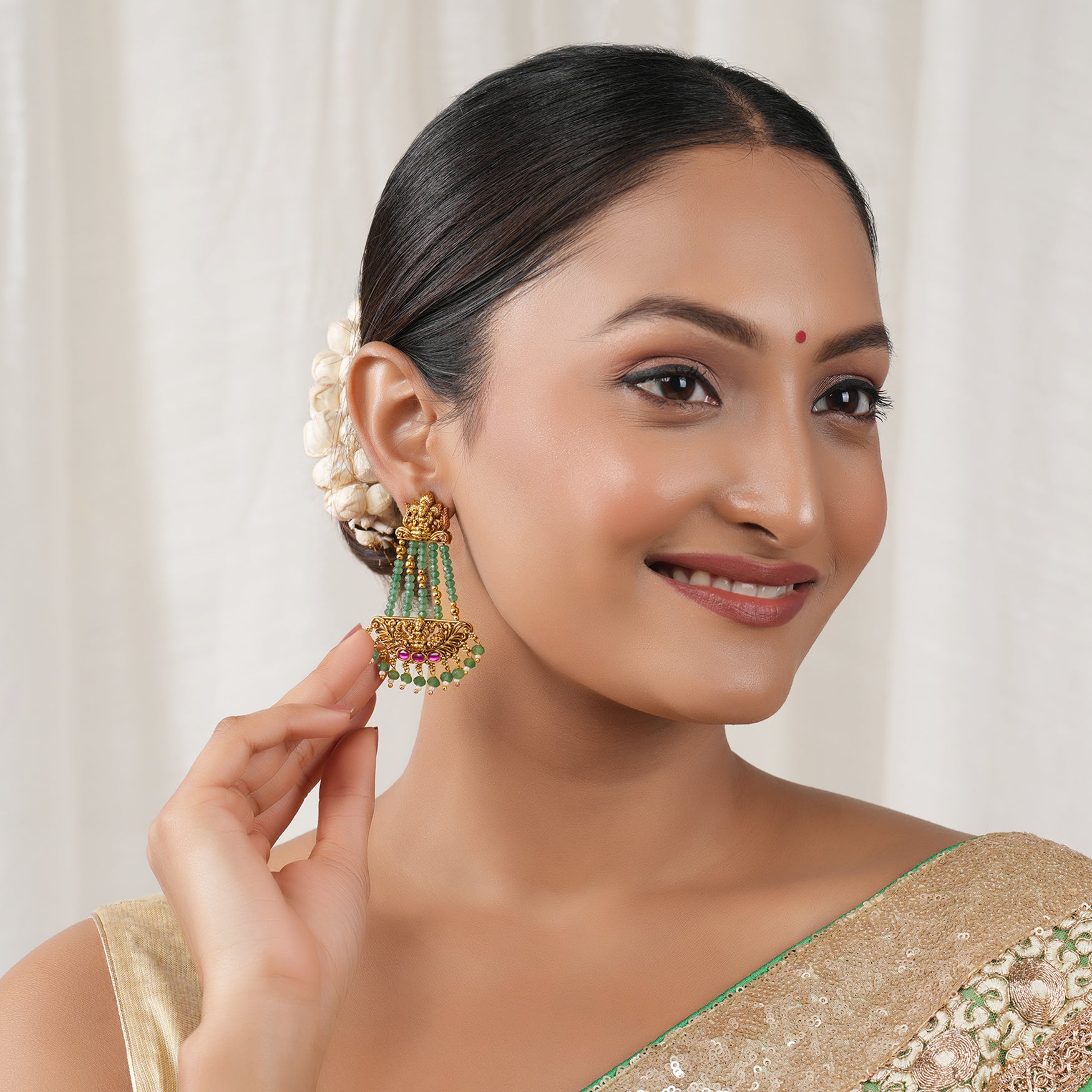 Long beautiful antique gold maa laskhmi emerald stone earring I Temple Jewellery