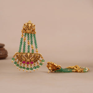 Long beautiful antique gold maa laskhmi emerald stone earring I Temple Jewellery
