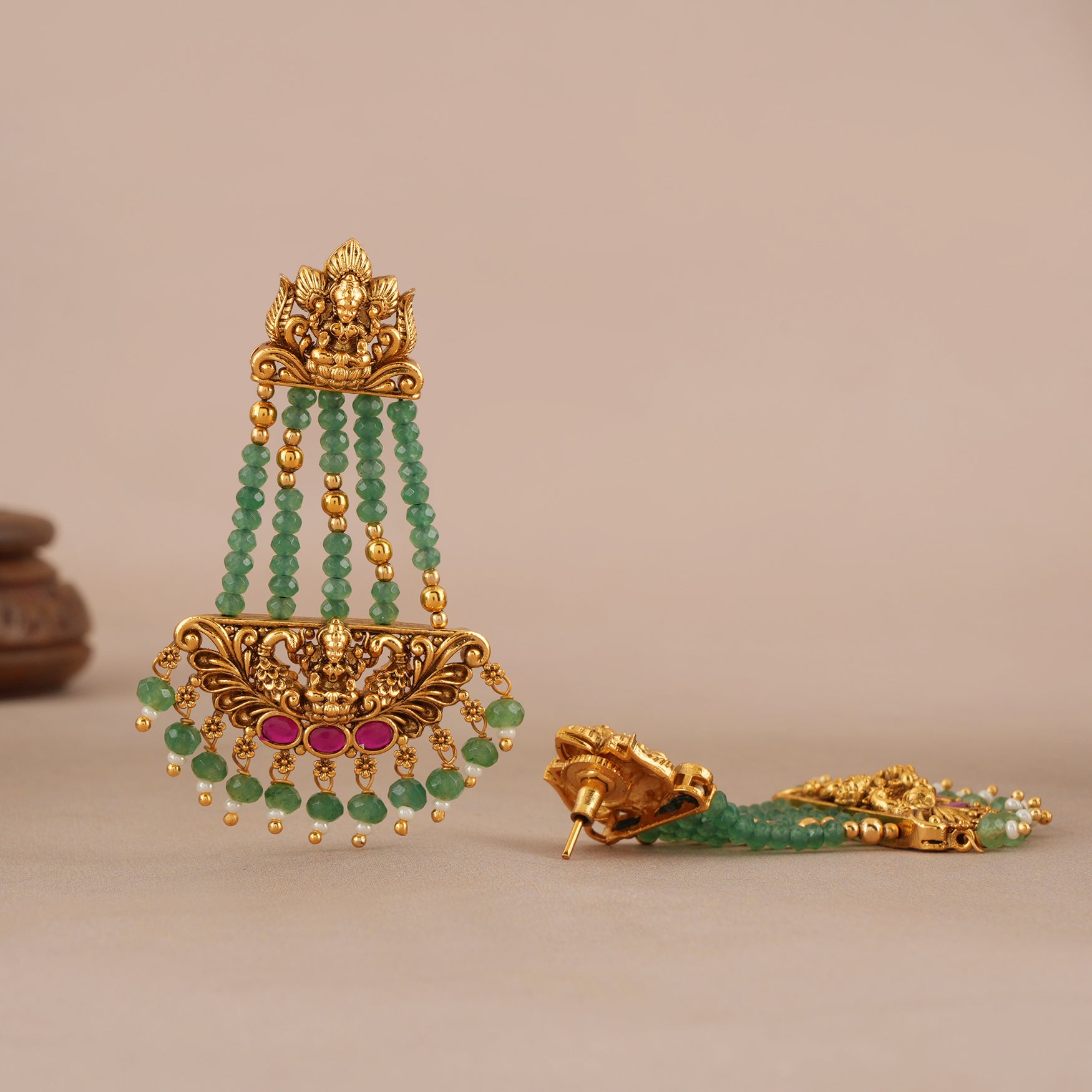 Long beautiful antique gold maa laskhmi emerald stone earring I Temple Jewellery