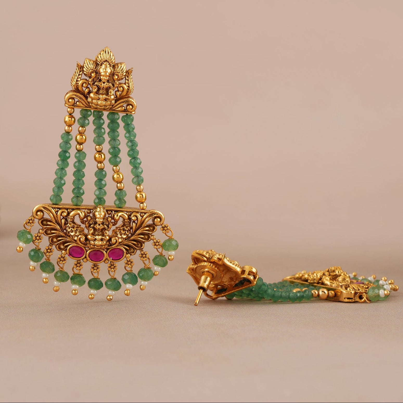 Long beautiful antique gold maa lakshmi emerald stone earring I Temple Jewellery