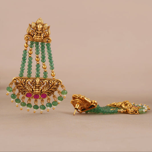 Long beautiful antique gold maa lakshmi emerald stone earring I Temple Jewellery