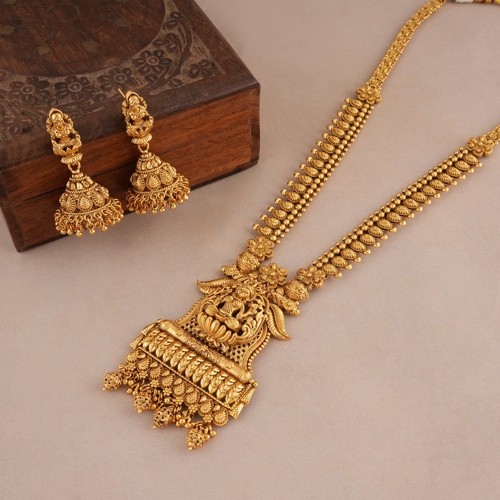 Beautiful long antique gold maa lakshmi necklace set I Temple Jewellery