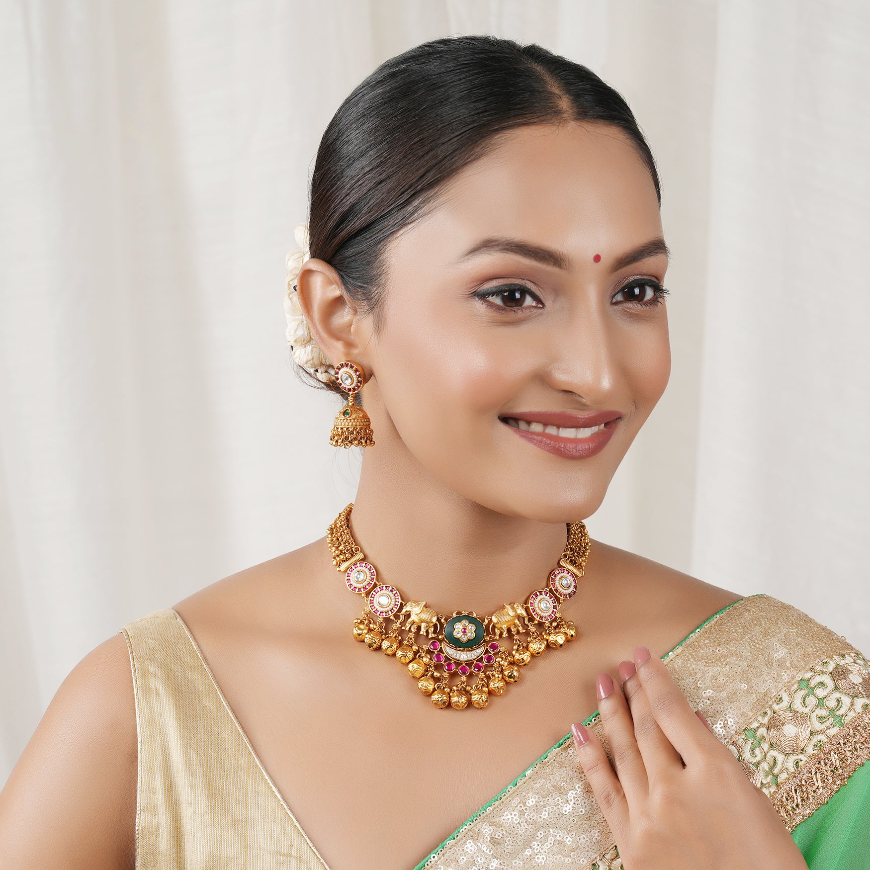 Stunning antique gold multicolor stone rajwadi necklace set