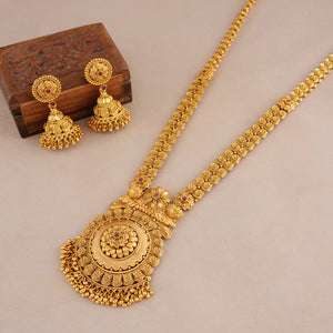 Beautiful plain antique gold long floral necklace set