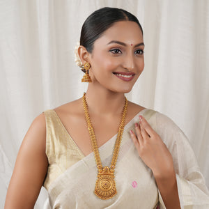 Beautiful plain antique gold long floral necklace set