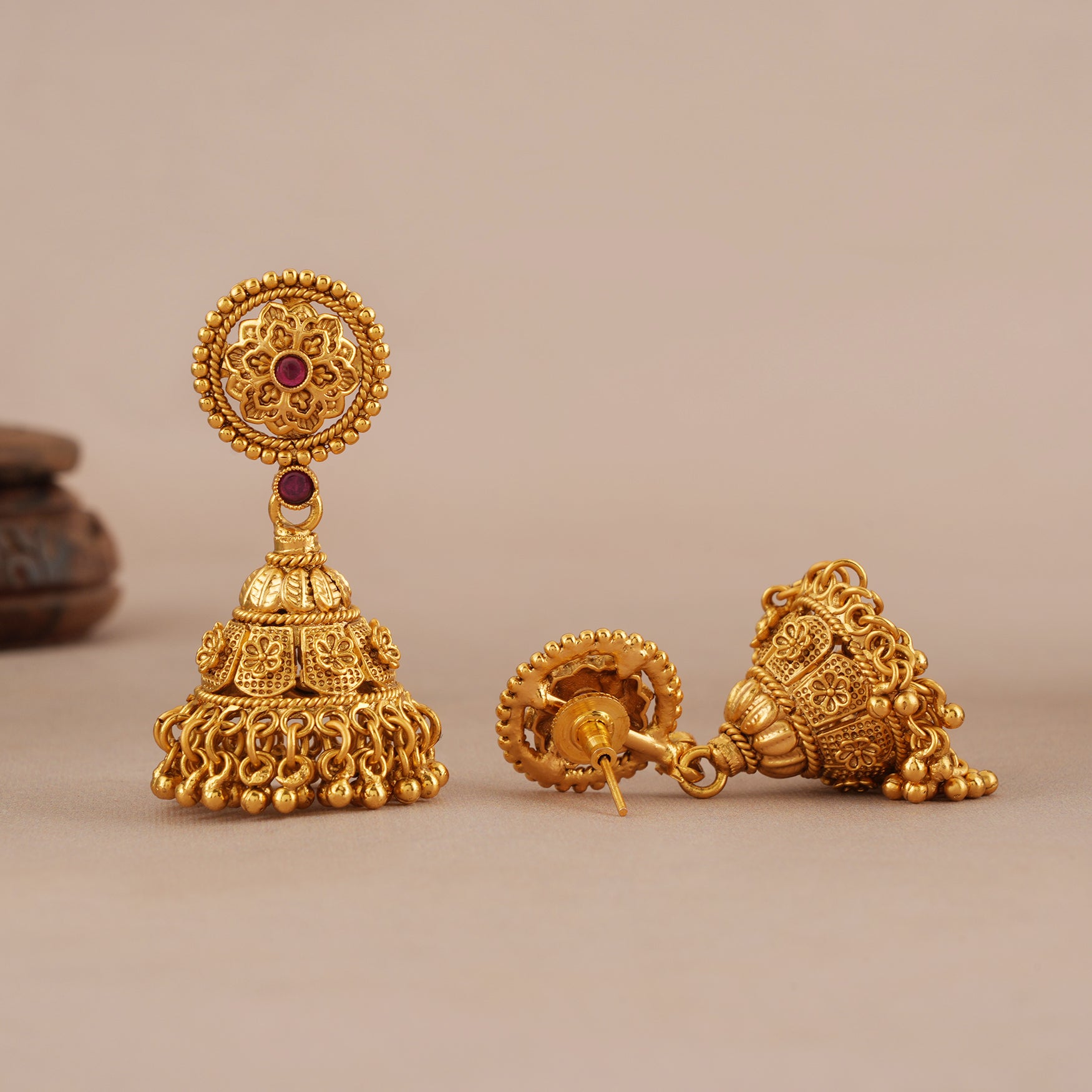 Beautiful plain antique gold long floral necklace set