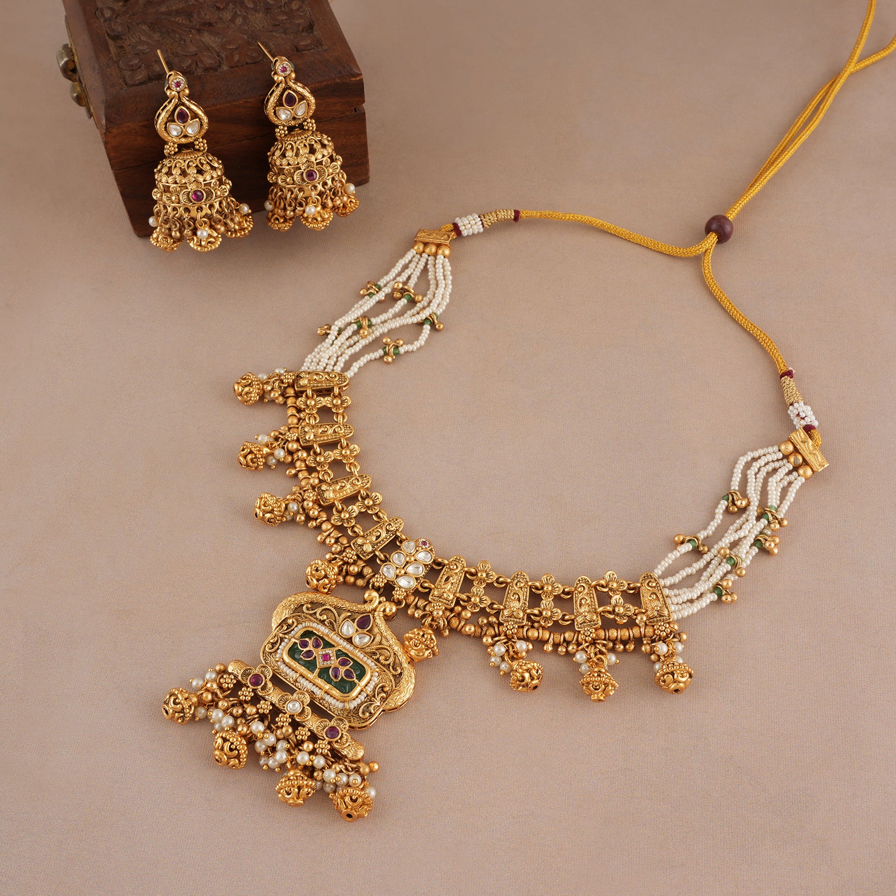 Traditional antique gold rajwadi multicolor pearl necklace set