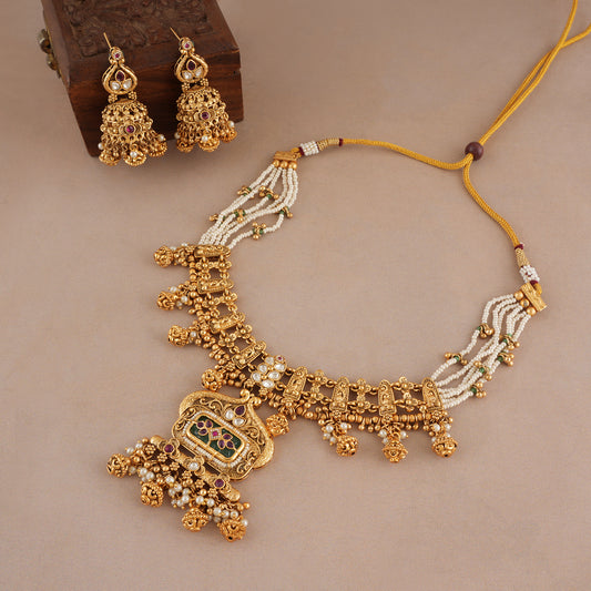 Traditional antique gold rajwadi multicolor pearl necklace set