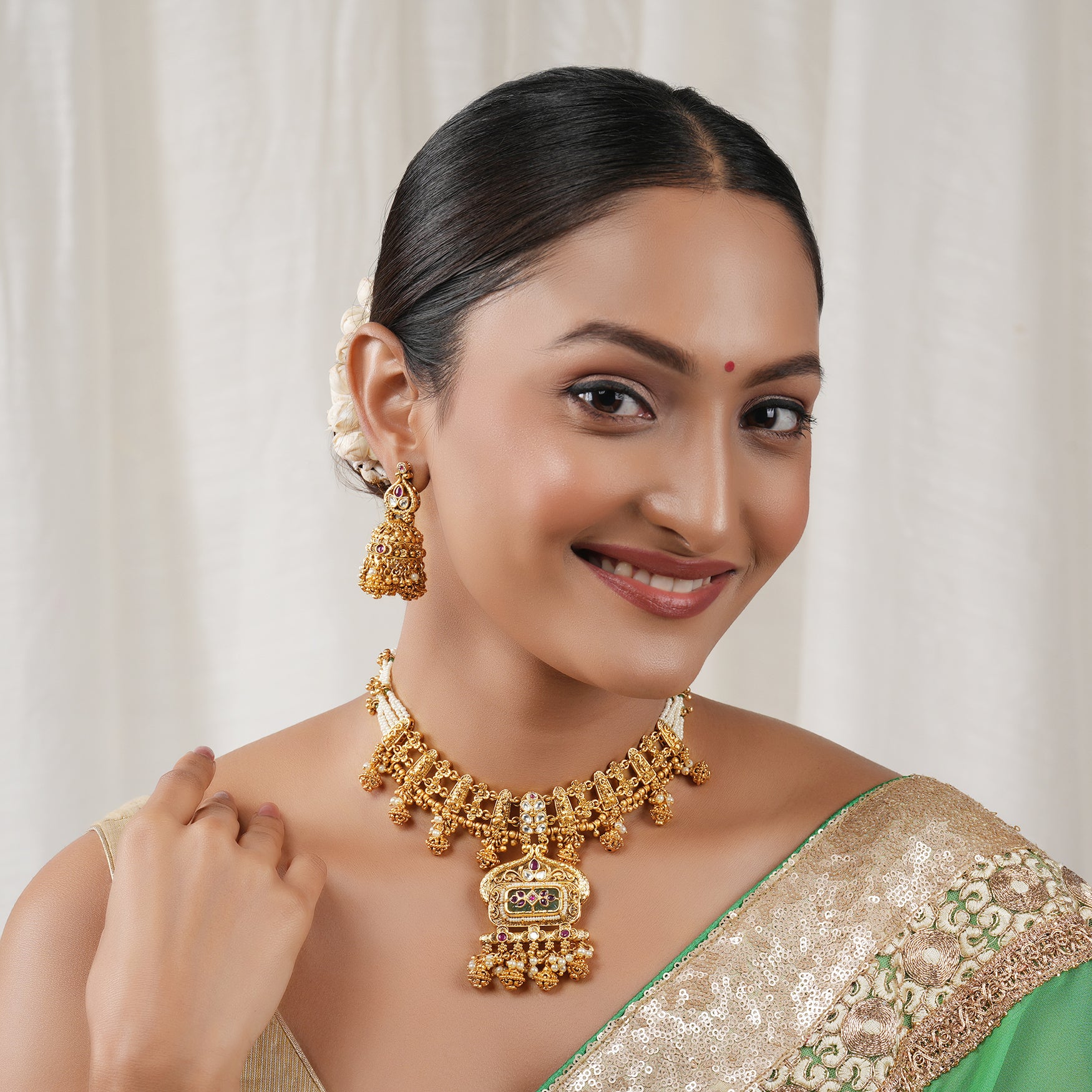 Traditional antique gold rajwadi multicolor pearl necklace set