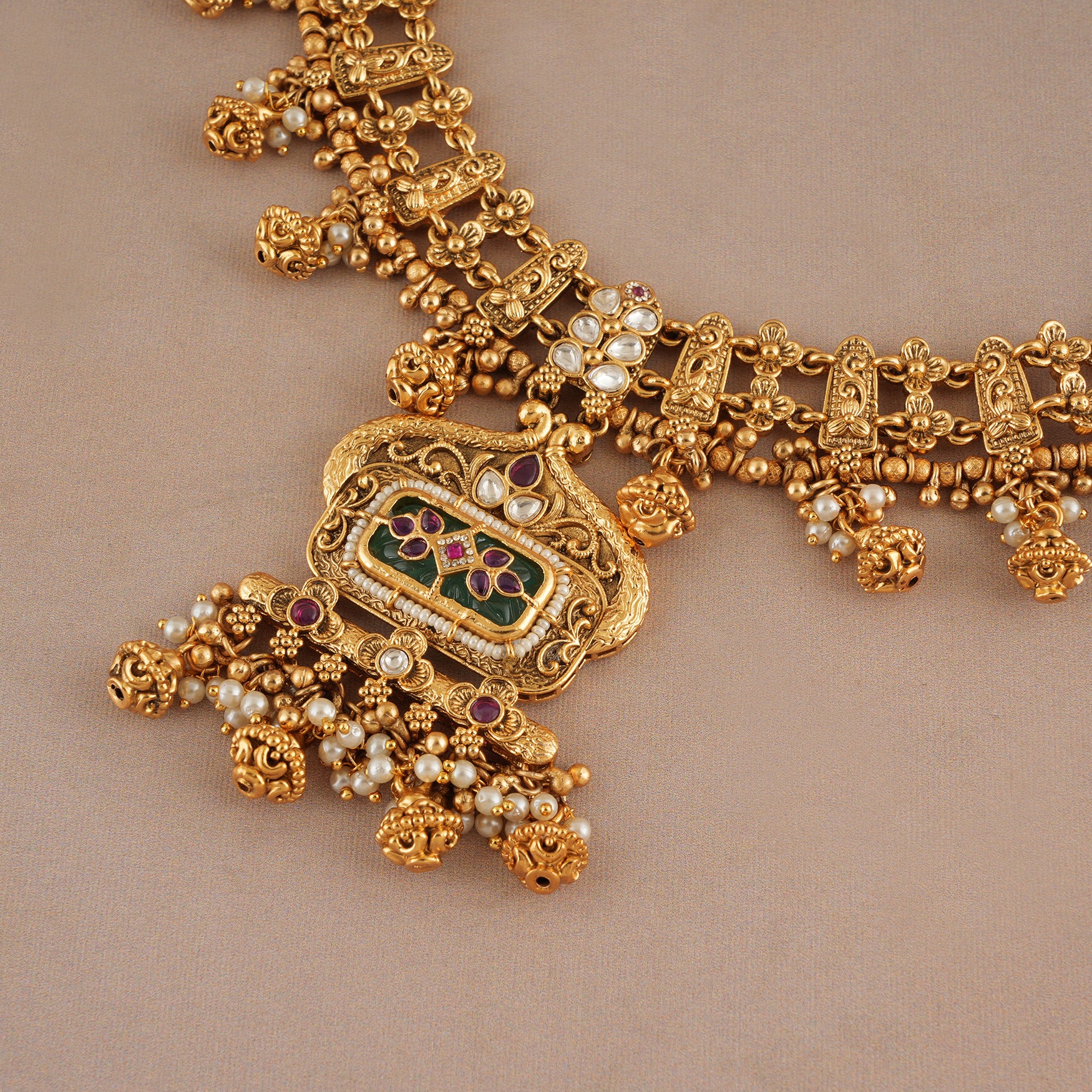 Traditional antique gold rajwadi multicolor pearl necklace set