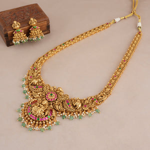 Beautiful multicolor stone antique gold maa lakshmi long necklace set I Temple Jewellery