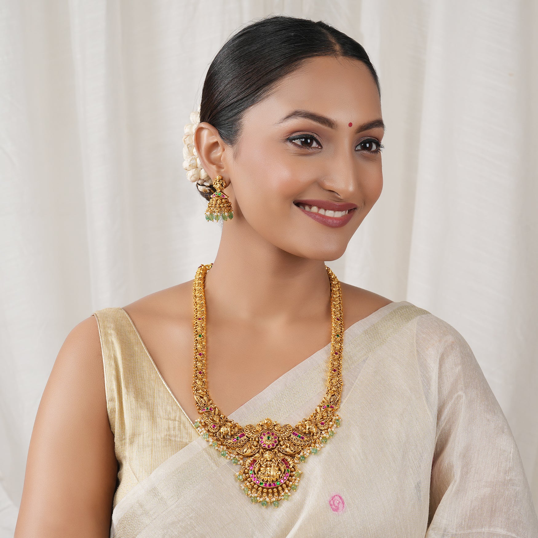 Beautiful multicolor stone antique gold maa lakshmi long necklace set I Temple Jewellery