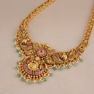 Beautiful multicolor stone antique gold maa lakshmi long necklace set I Temple Jewellery