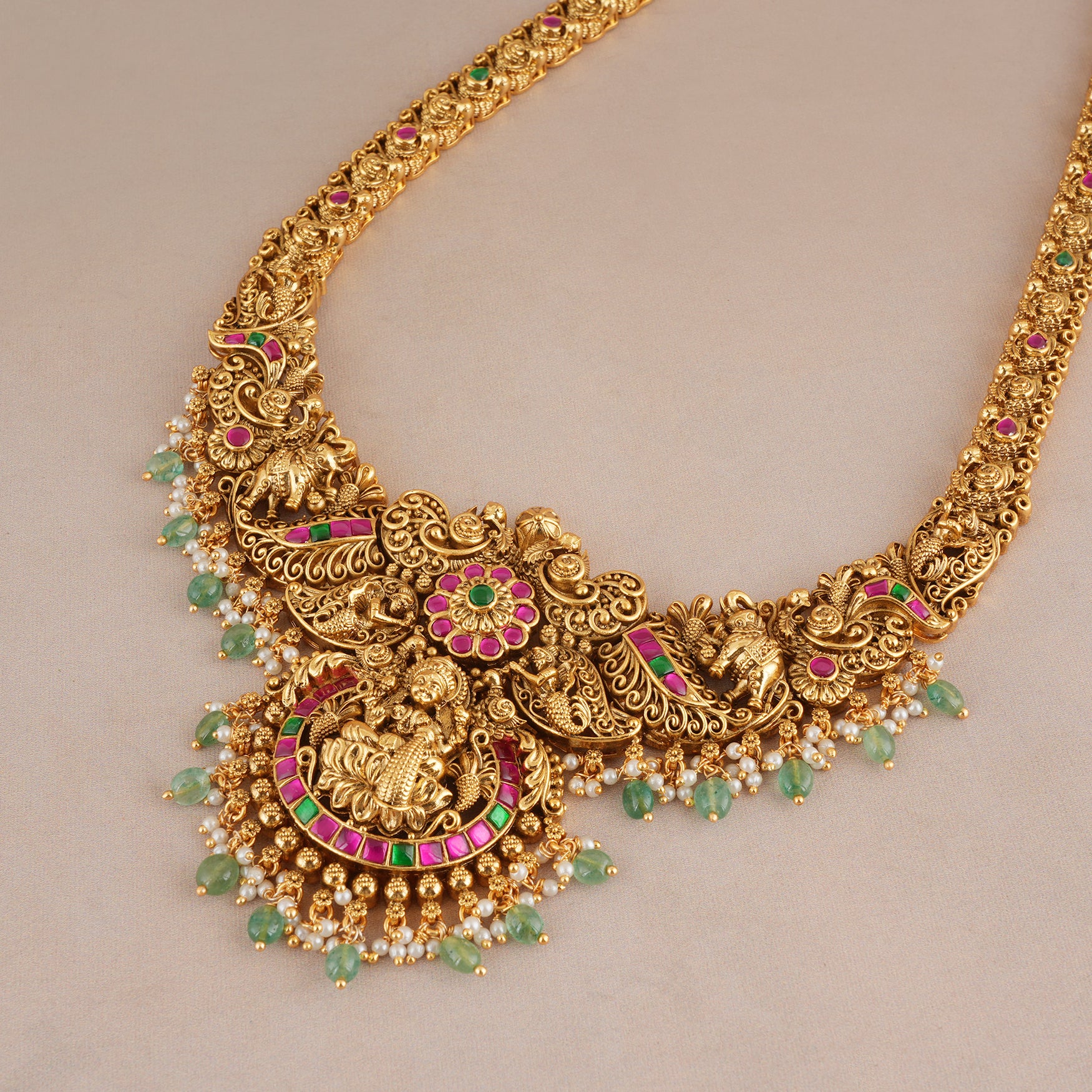 Beautiful multicolor stone antique gold maa lakshmi long necklace set I Temple Jewellery