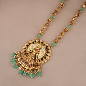 Stunning antique gold long dulhan stone necklace set