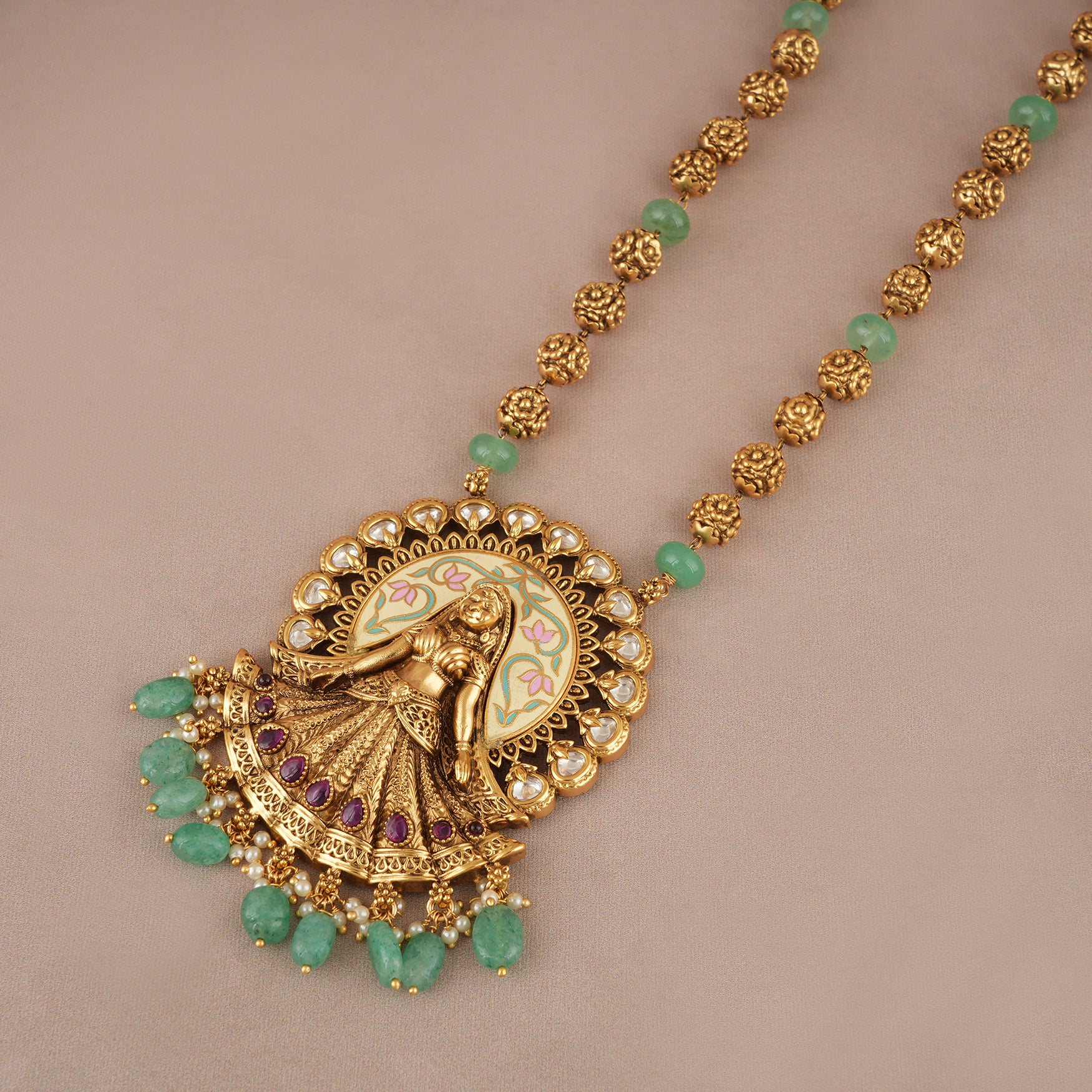 Stunning antique gold long dulhan stone necklace set