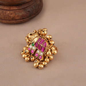 Stunning multicolor kundan antqiue gold elephant finger ring