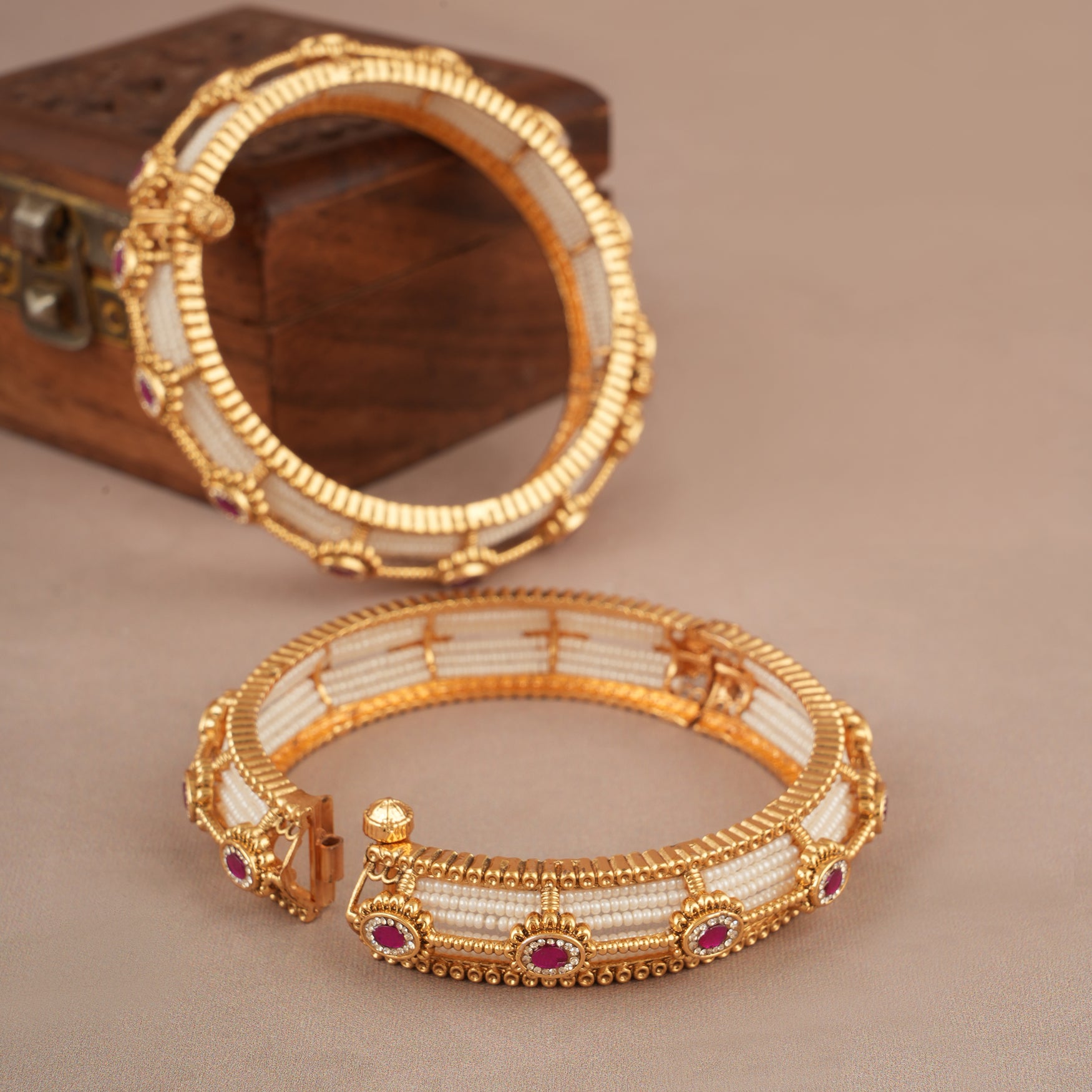 Amazing pearl ruby stone bangle set