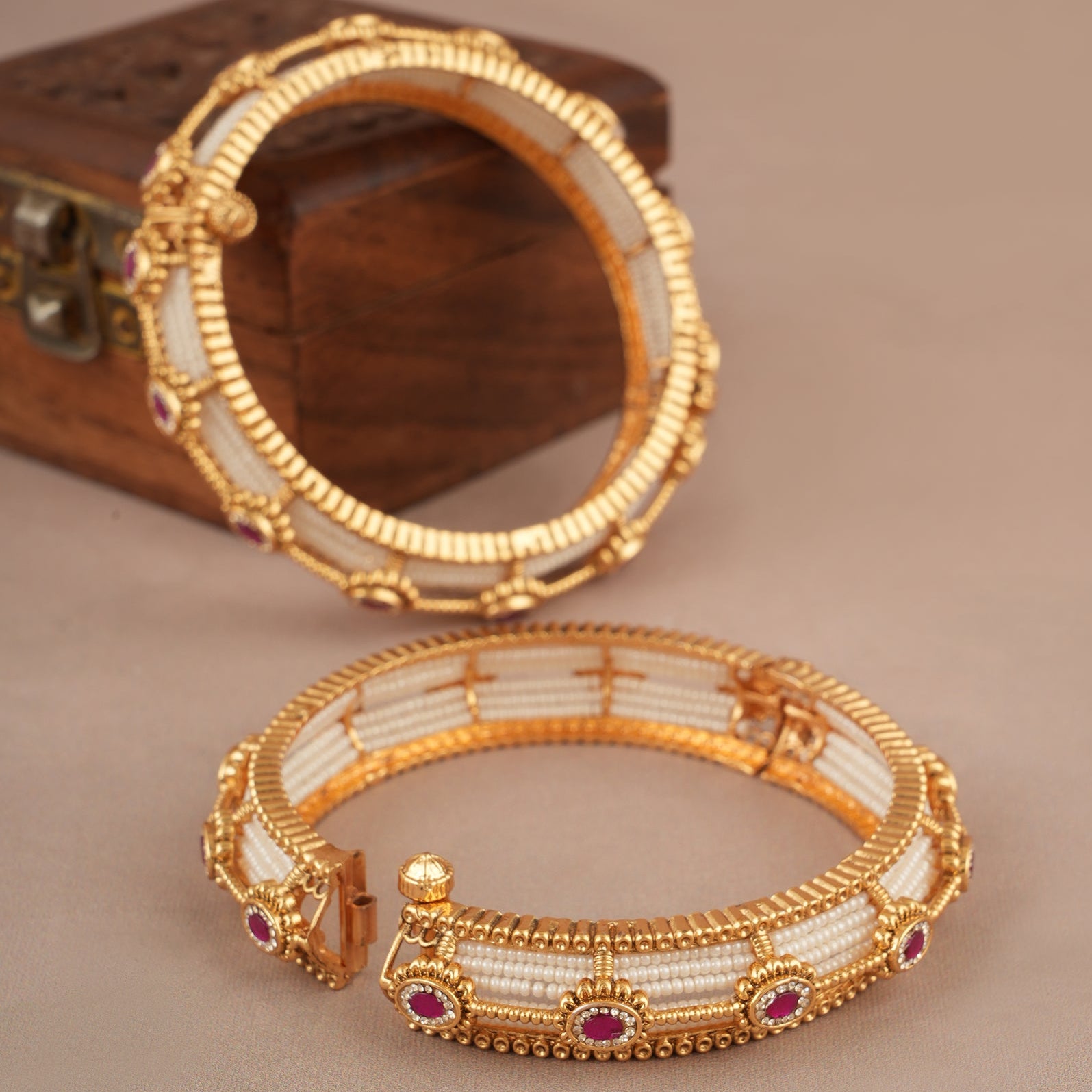 Amazing pearl ruby stone bangle set