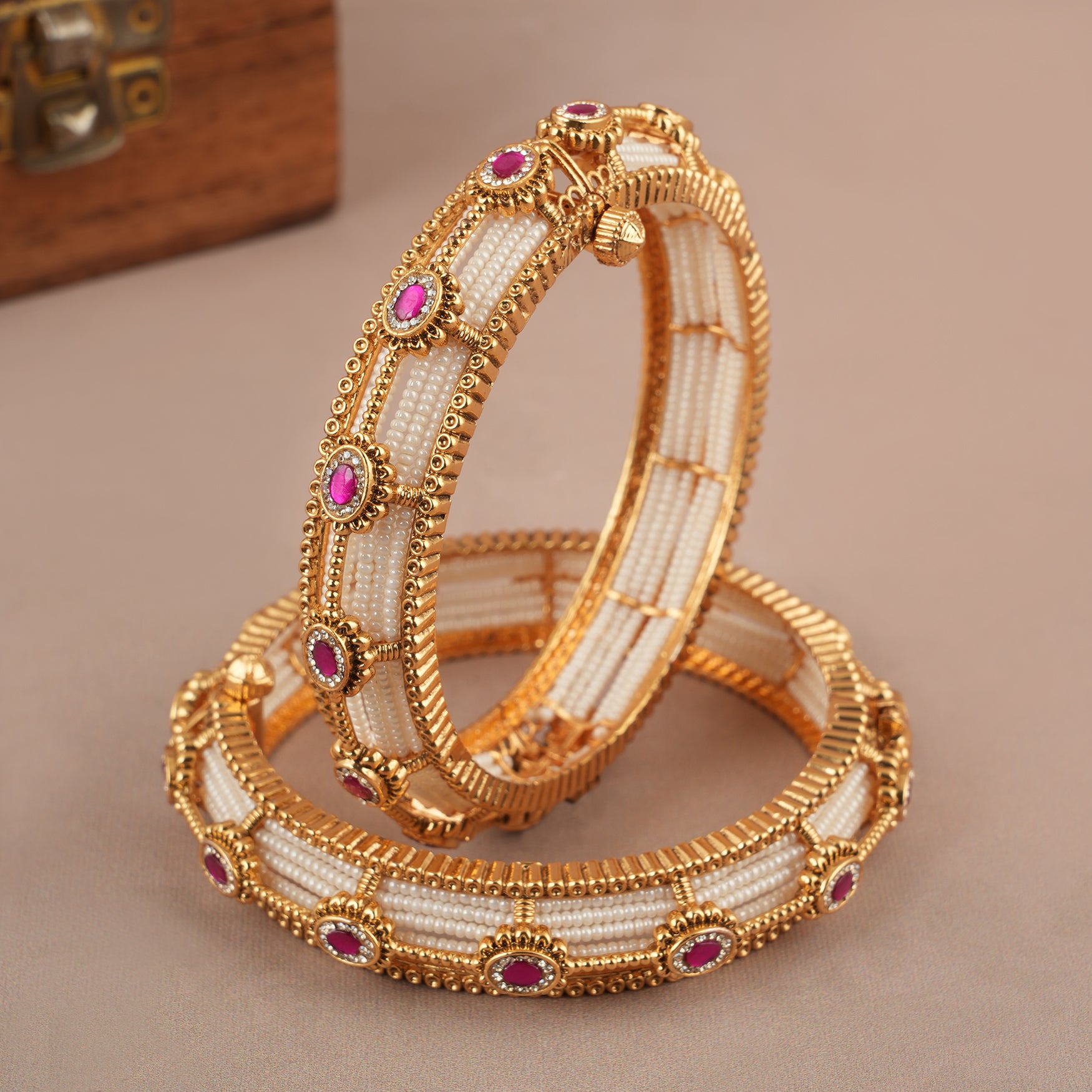 Amazing pearl ruby stone bangle set