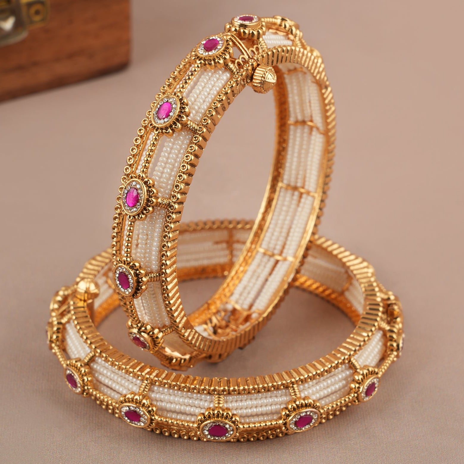 Amazing pearl ruby stone bangle set