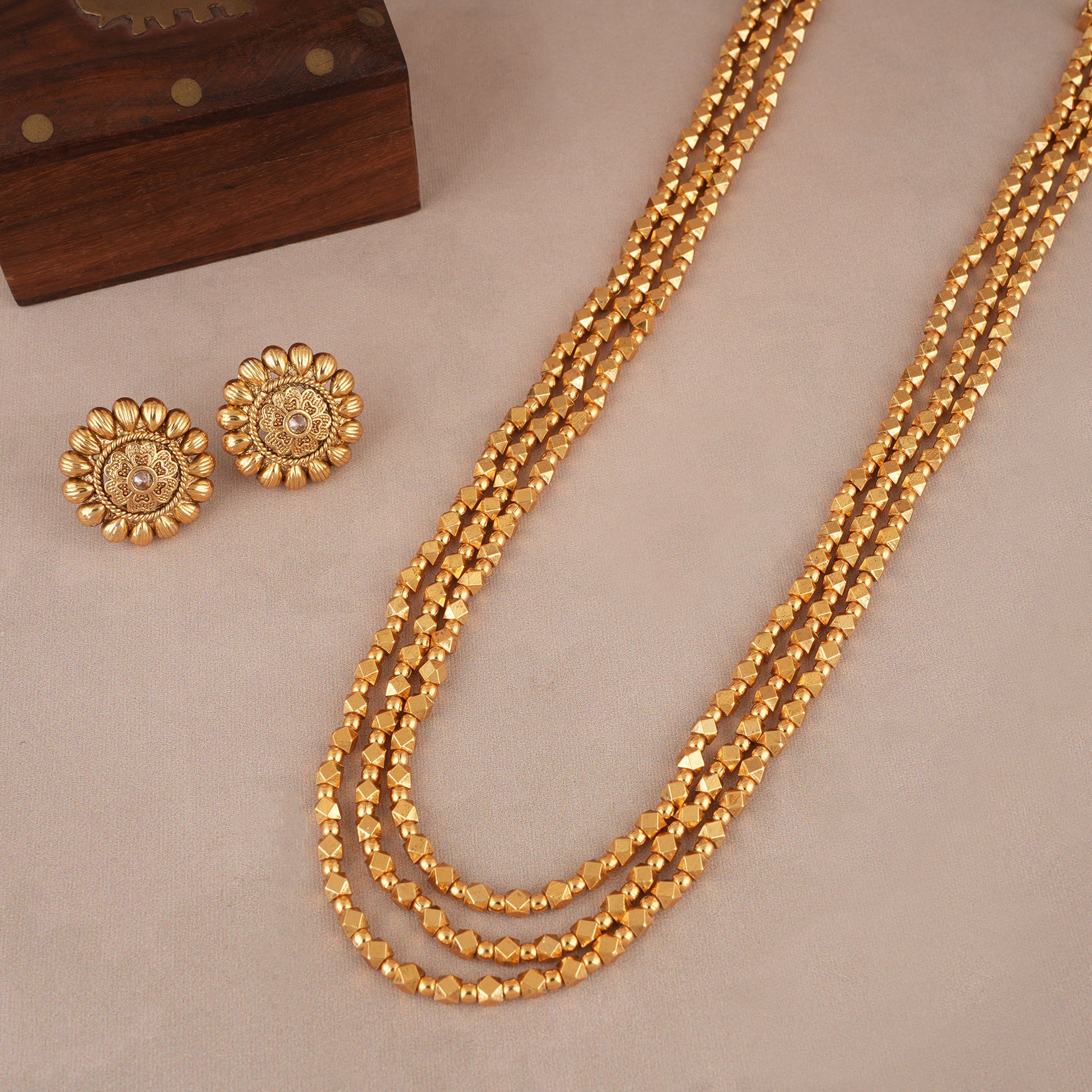 Long antique gold three layer mala necklace set