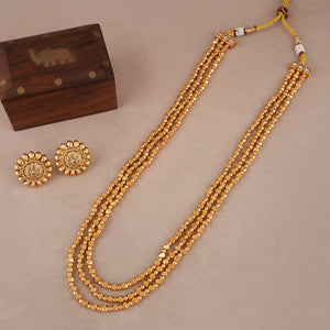 Long antique gold three layer mala necklace set