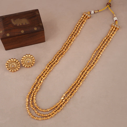 Long antique gold three layer mala necklace set