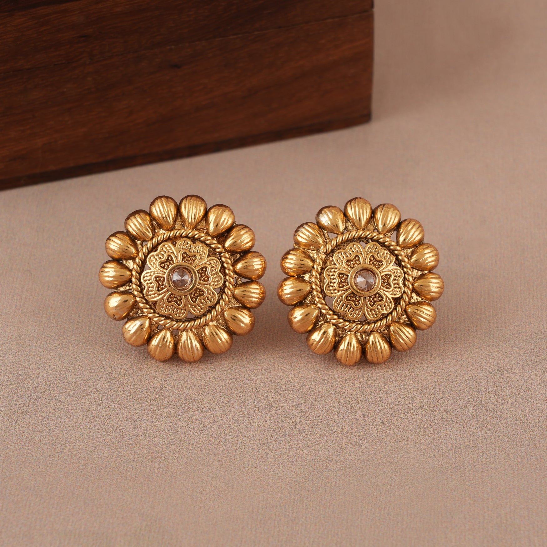 Long antique gold three layer mala necklace set