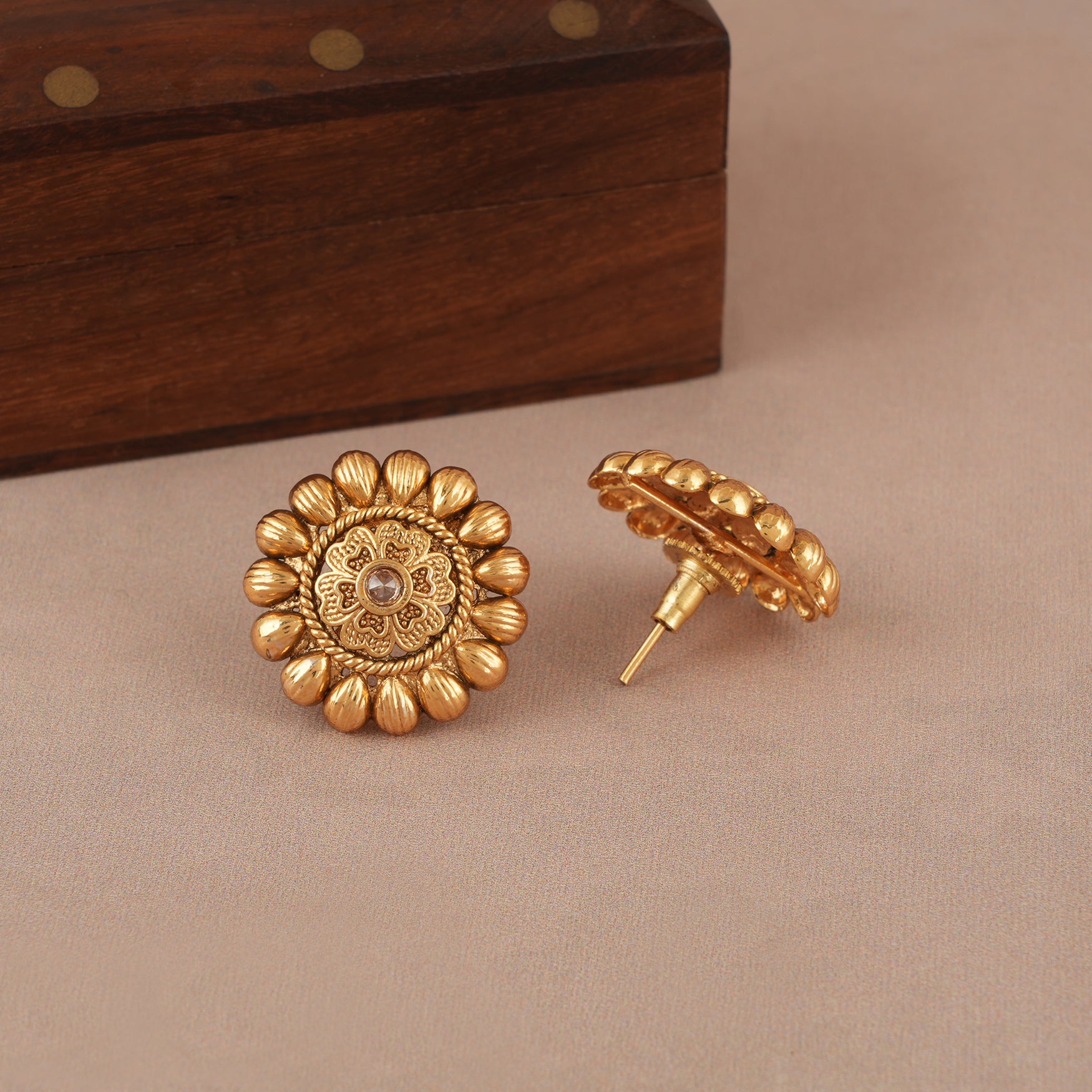 Long antique gold three layer mala necklace set