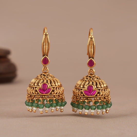 Stunning multicolor stone jhumka antique gold earring