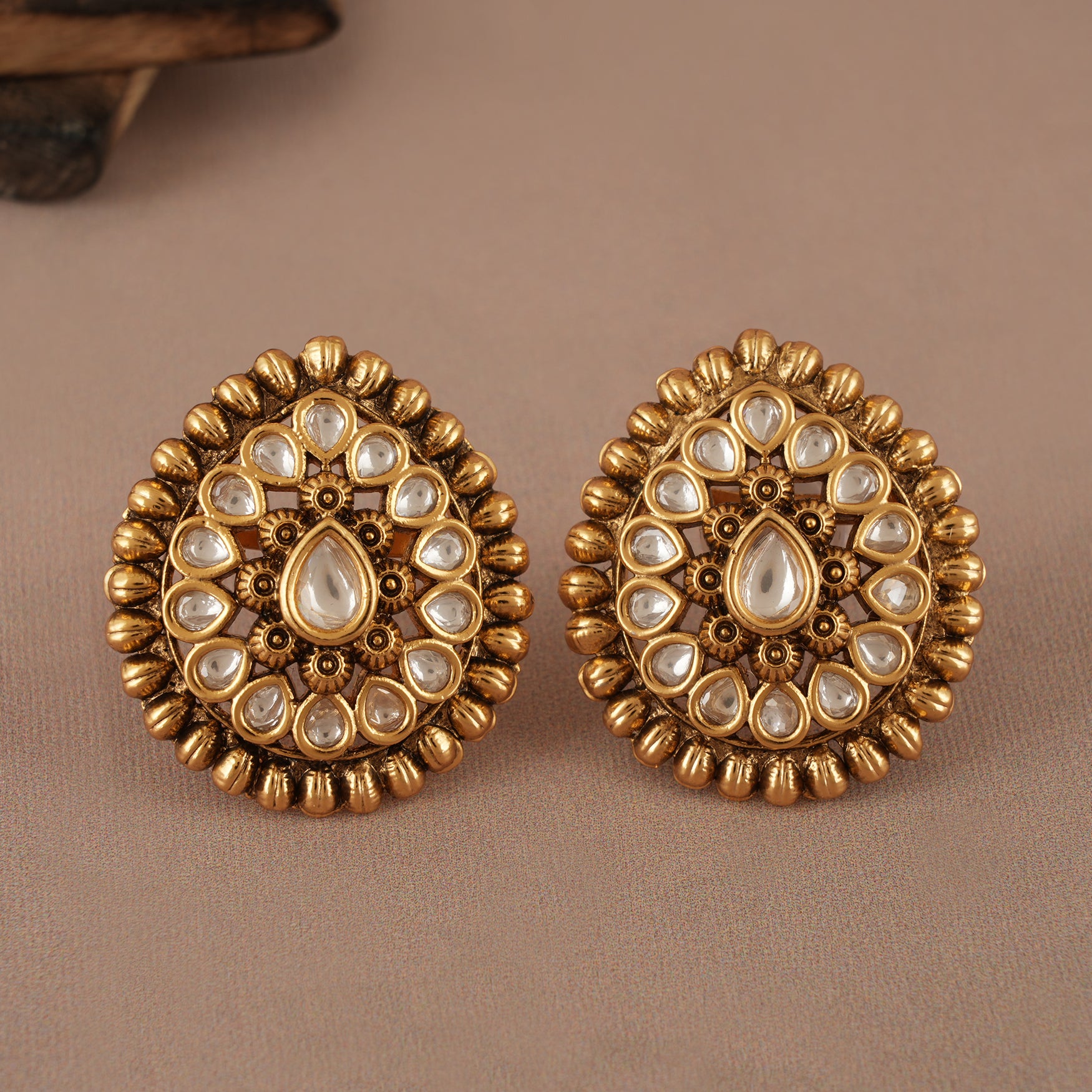 Stunning kundan antique gold big size studs