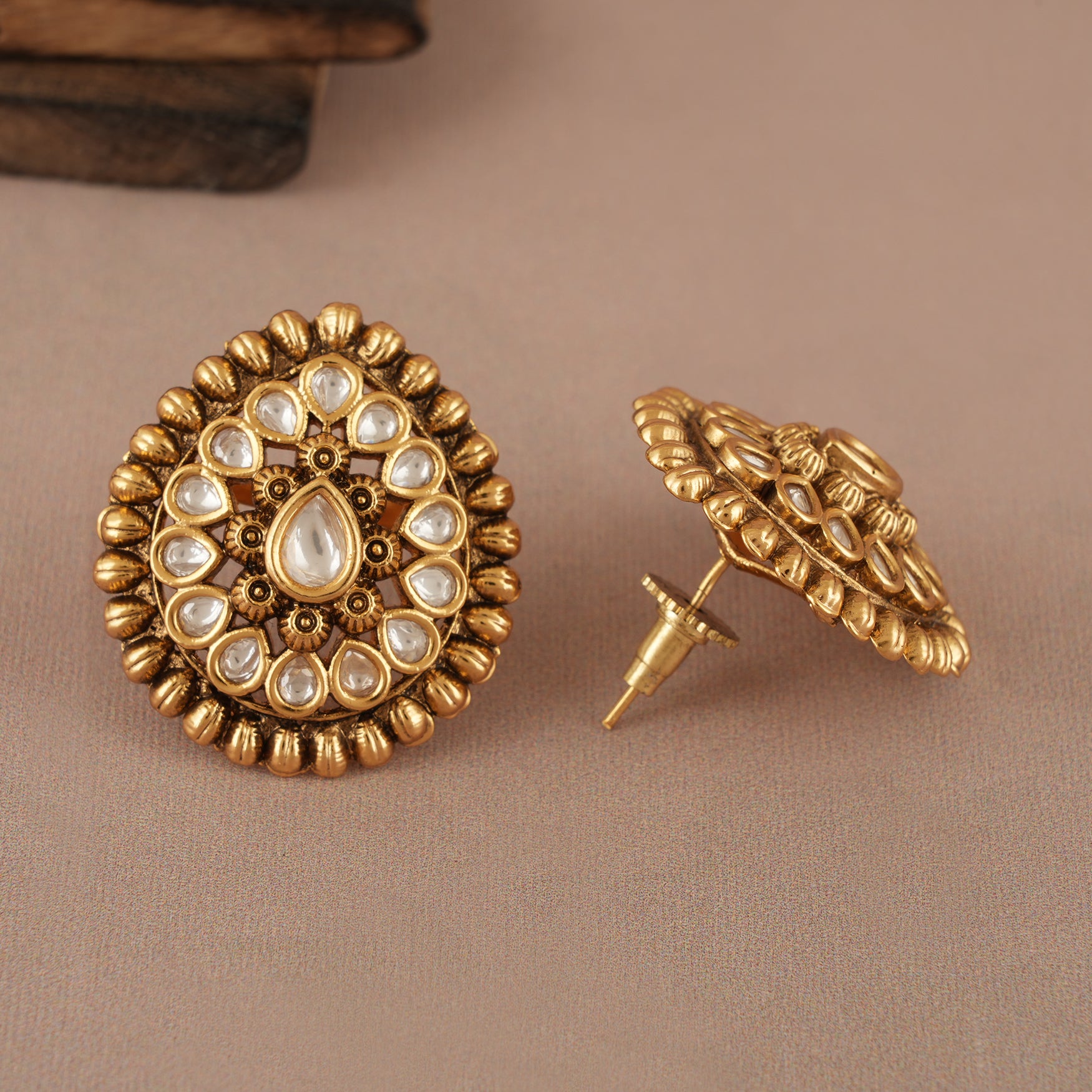 Stunning kundan antique gold big size studs